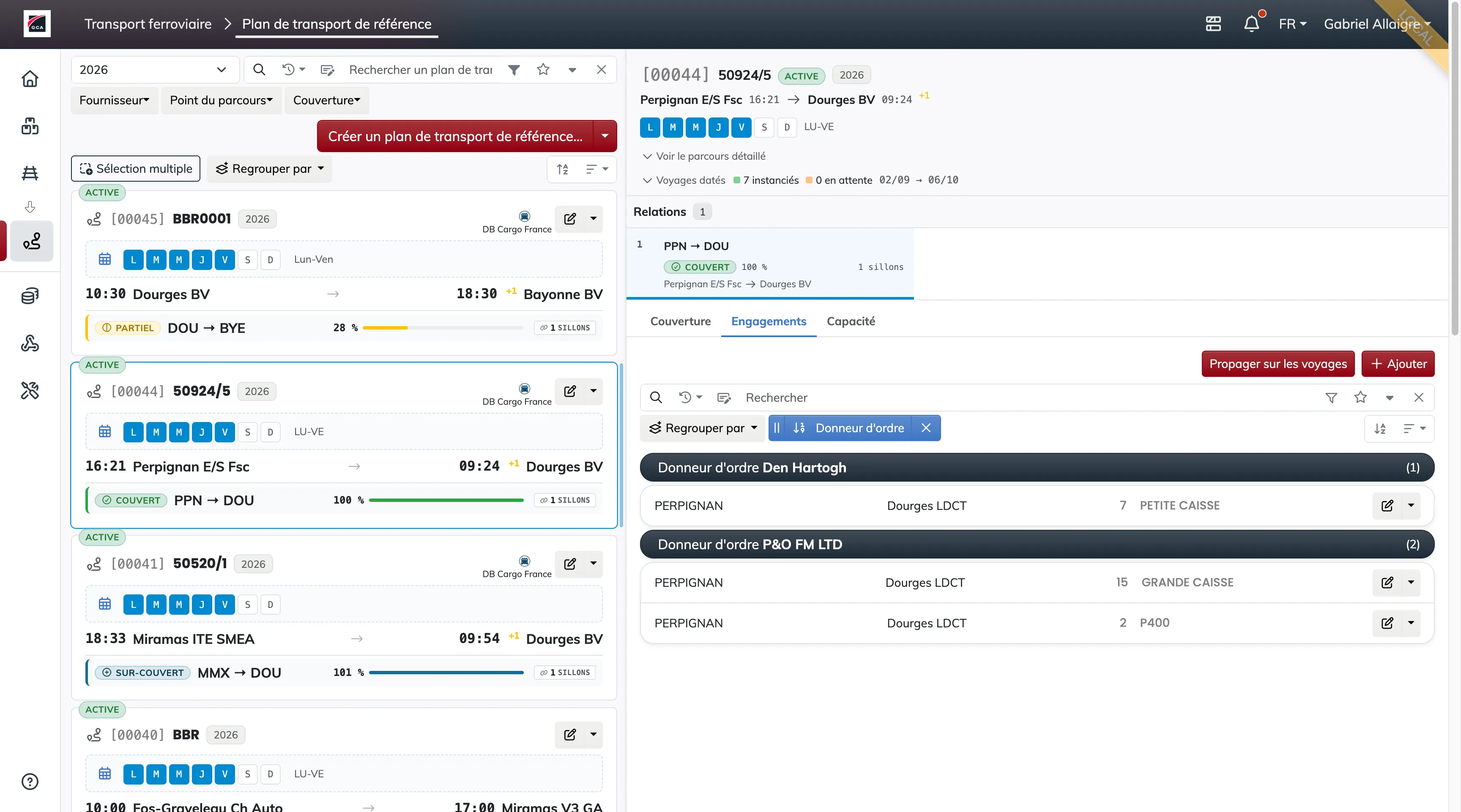 The Commitments tab: the Propagate to trips and Add buttons, the search and the Principal filter, and the table of commitments grouped by principal