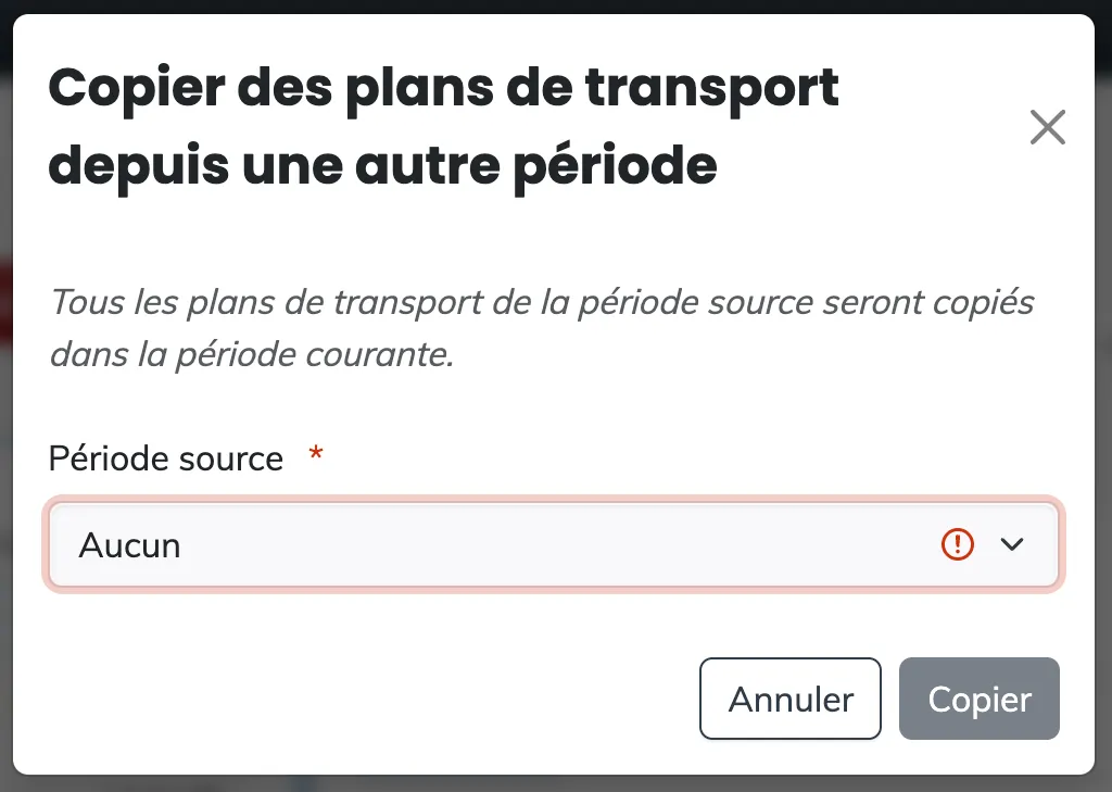 The Copy from another period modal, with the choice of the source period and the Copy button
