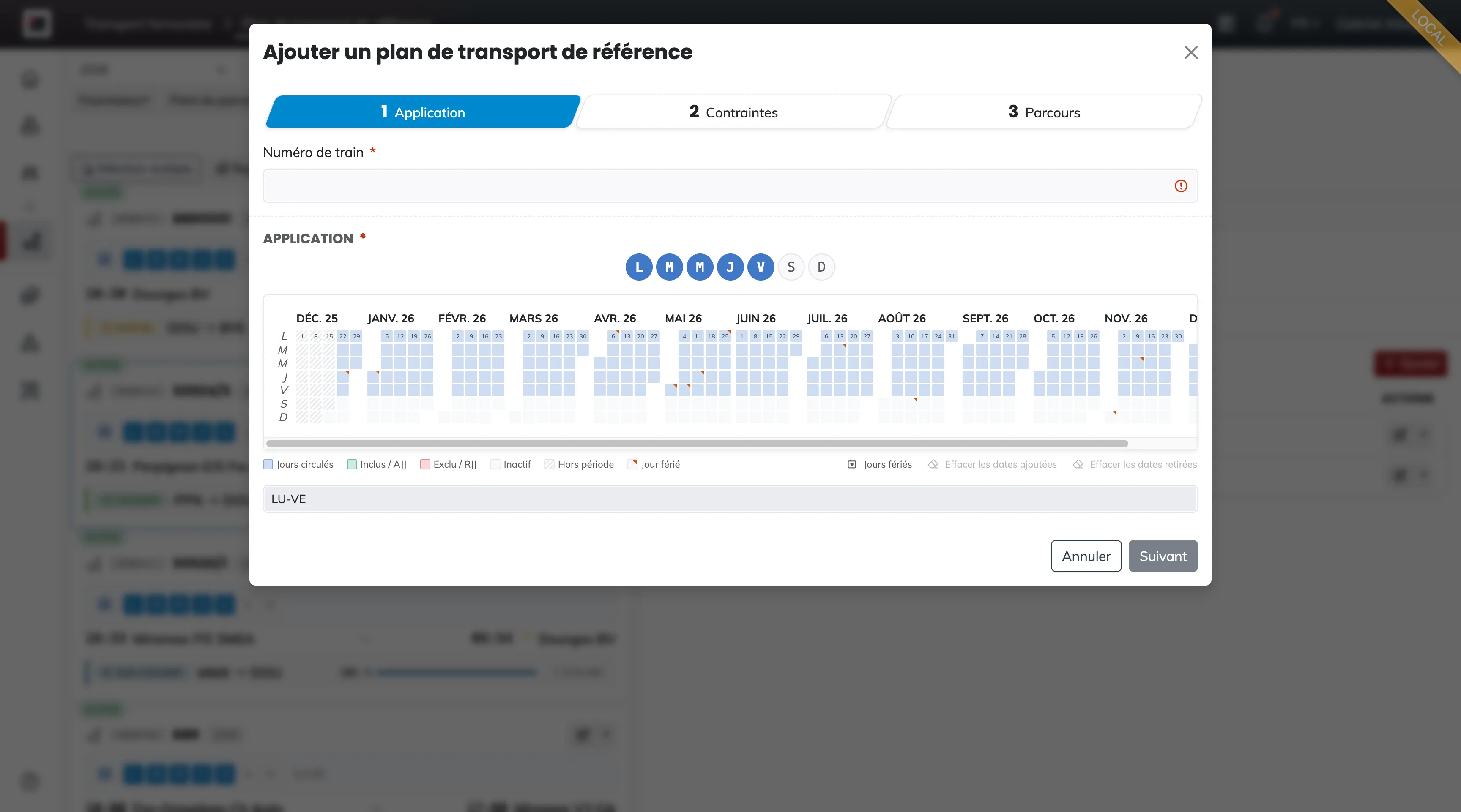 Step 1 Application of the modal: the train number, the 7 day buttons, the monthly calendar with its included and excluded days, the public holidays by country and the simplified label