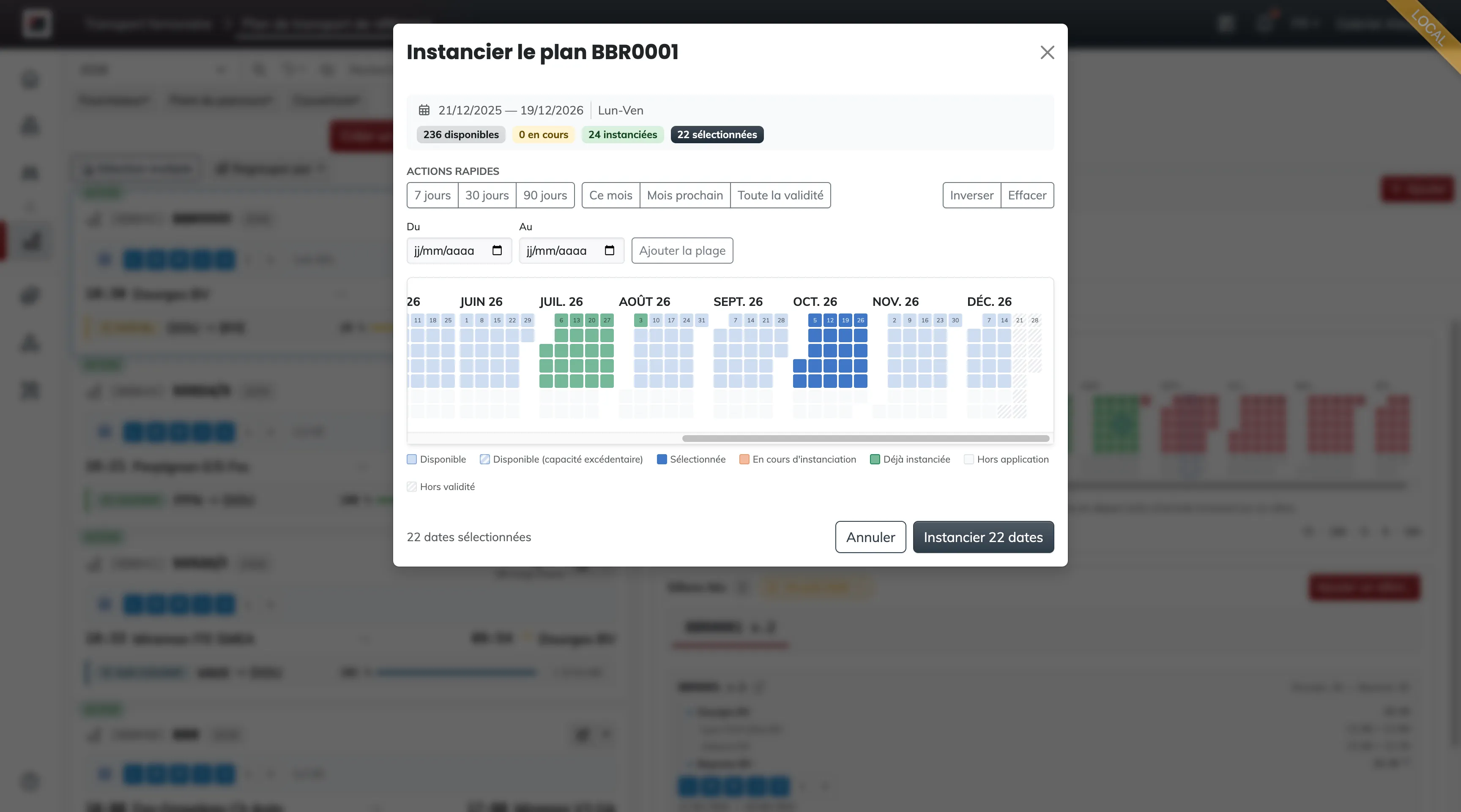 The Instantiate plan modal: the summary with its counters, the quick actions 7, 30 and 90 days, this month, next month, whole validity, the From / To range, and the period calendar with its available, selected and already instantiated days