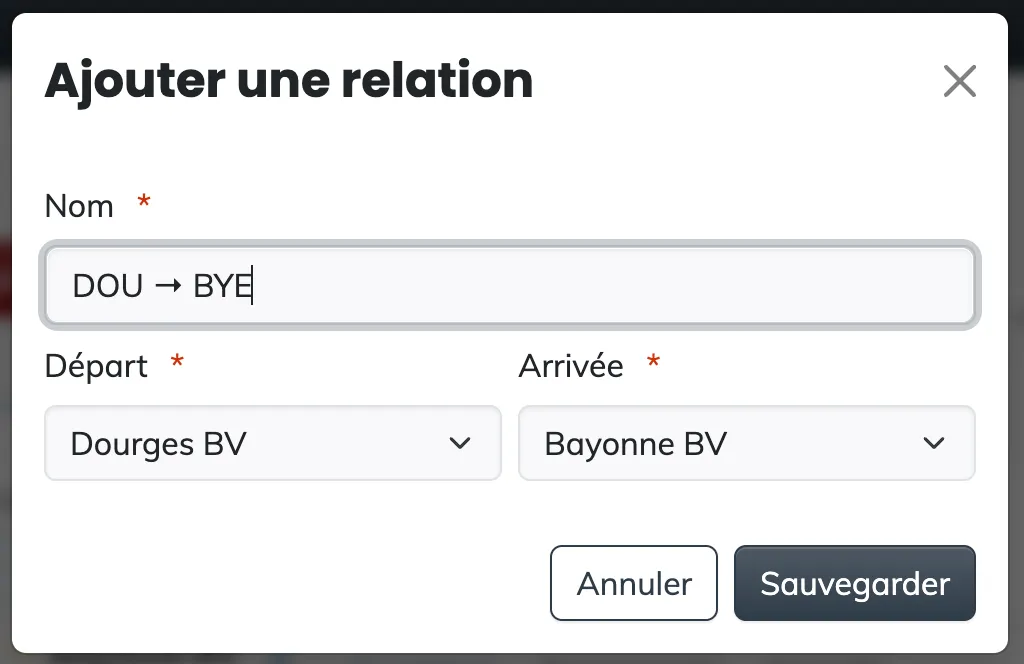 The Add relation modal: the automatically proposed name, the Departure and Arrival lists limited to the points of the offer's route