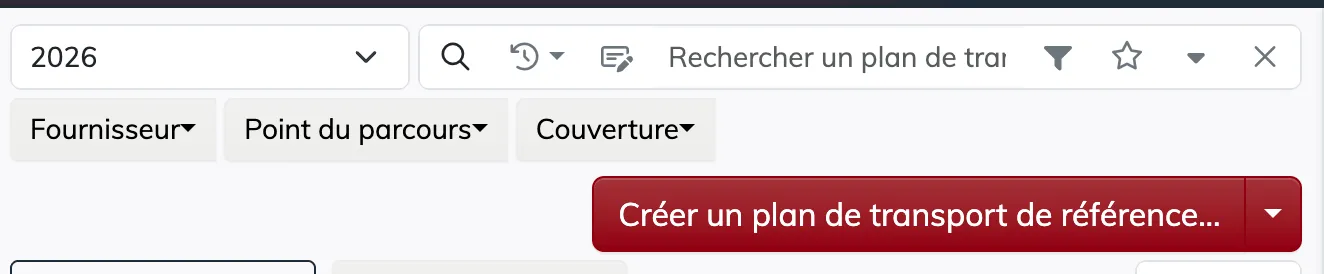 The top bar: the timetable period selector, the search bar and the Create a reference transport plan button