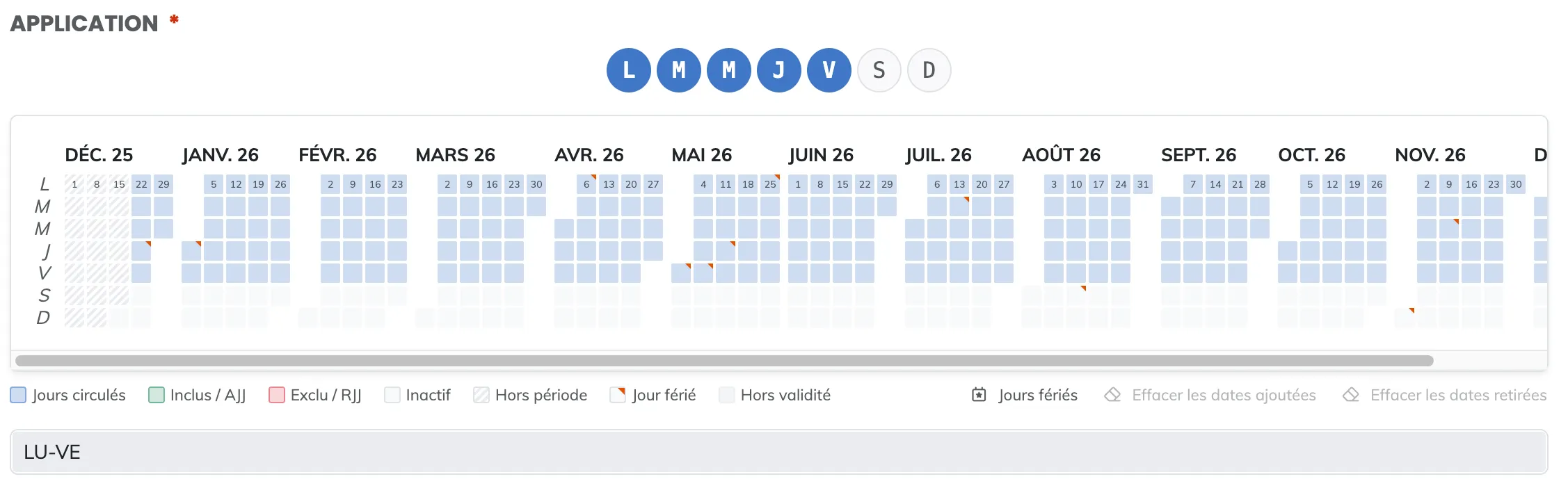 The application editor: the 7 day buttons, the monthly calendar with its running, included and excluded days, the country choice for public holidays, and the legend