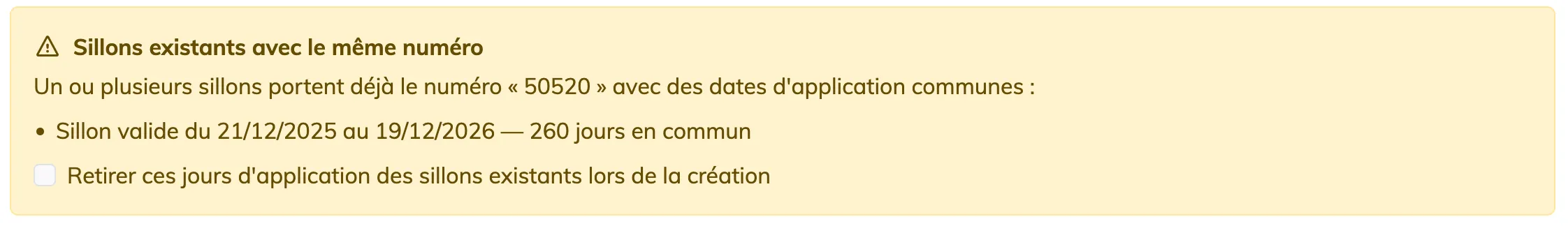 The orange conflict box: the list of train paths with the same number with their validity and the number of shared days, and the Remove these application days from existing train paths checkbox