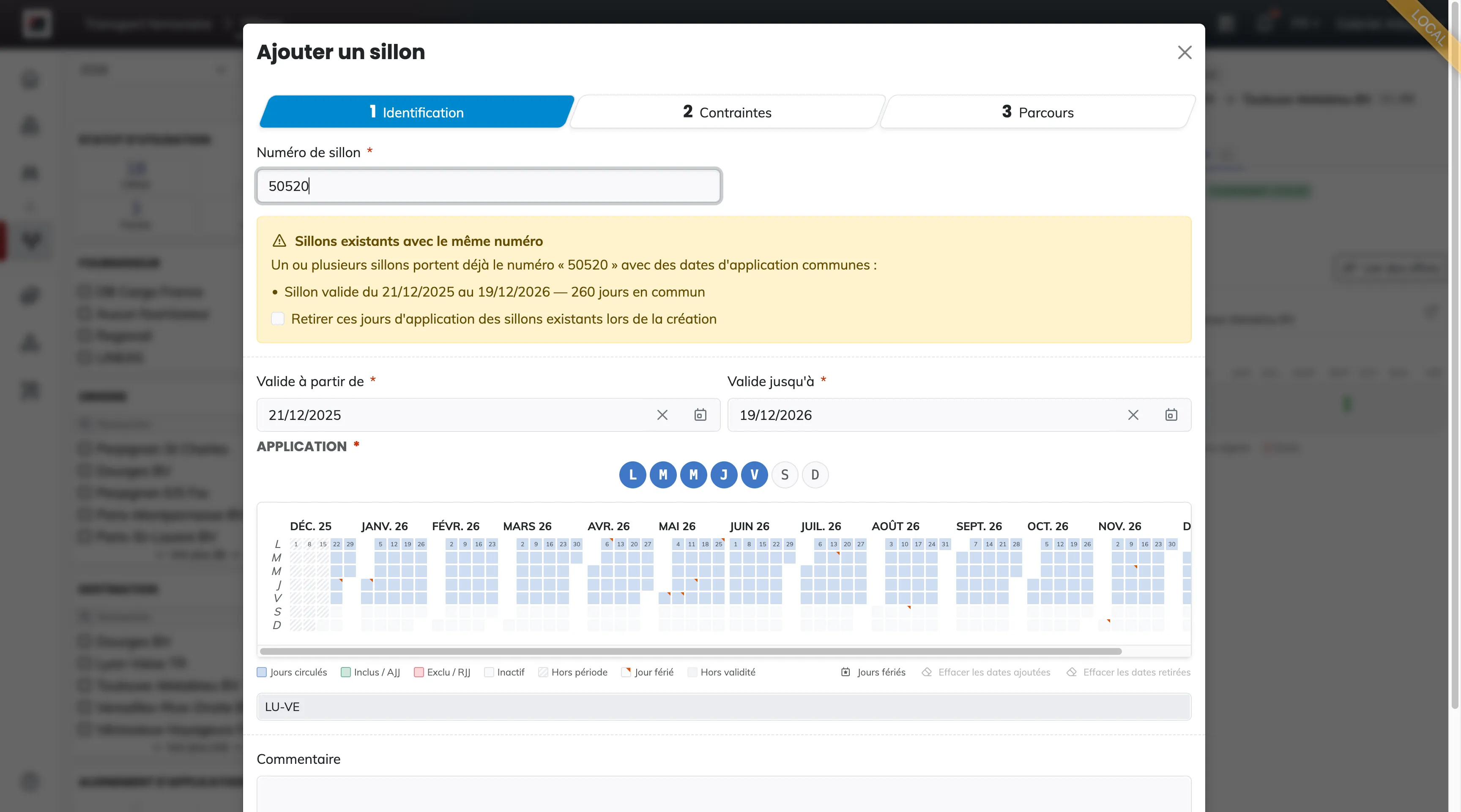Step 1 Identification: the train path number, the orange conflict alert listing the train paths with the same number, the validity dates, the application editor with its 7 day buttons and monthly calendar, the simplified label and the comment