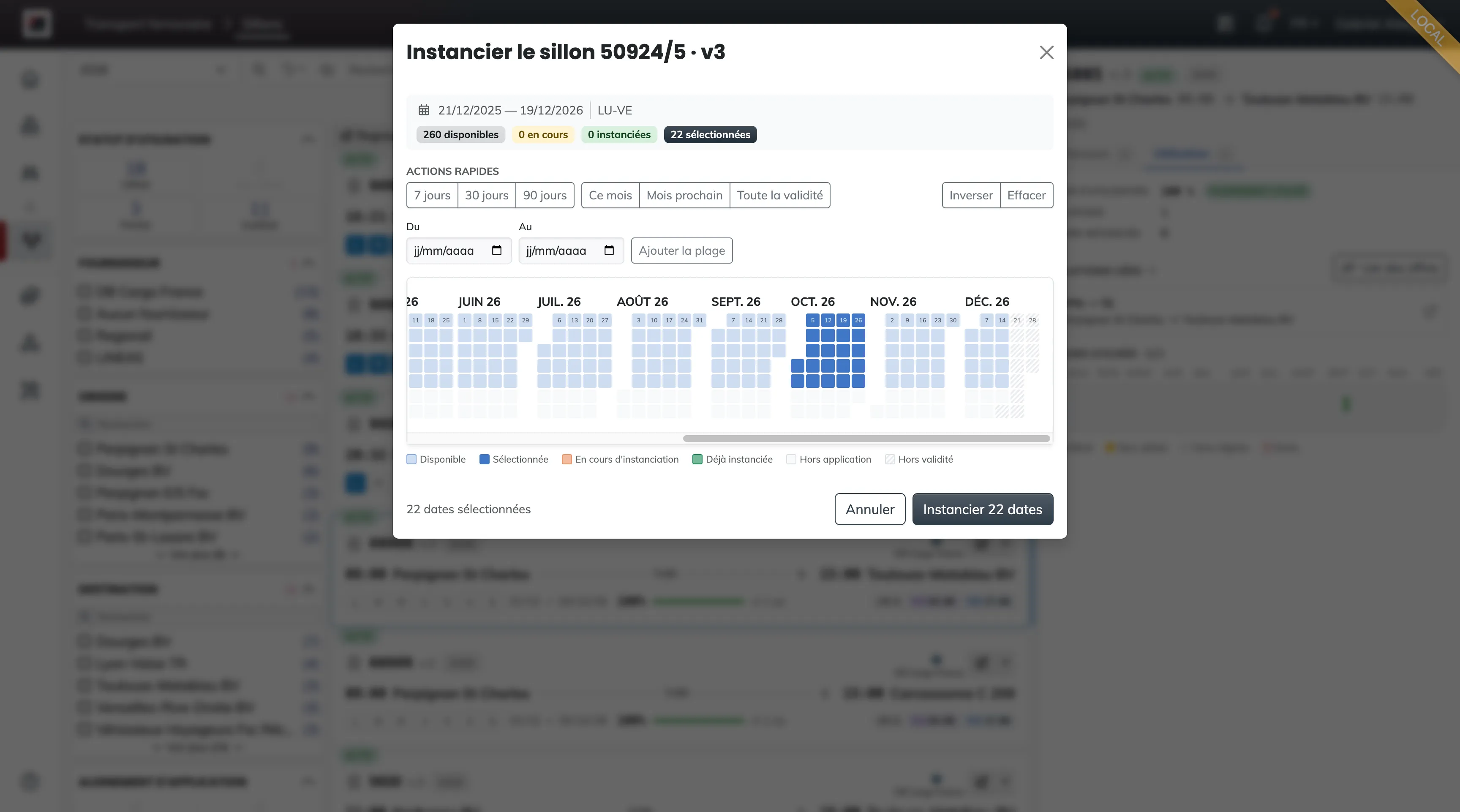 The Instantiate train path modal: the summary with validity, application label and counters, the quick actions, the From / To range, and the calendar by month with its available, selected, in-progress and already instantiated days