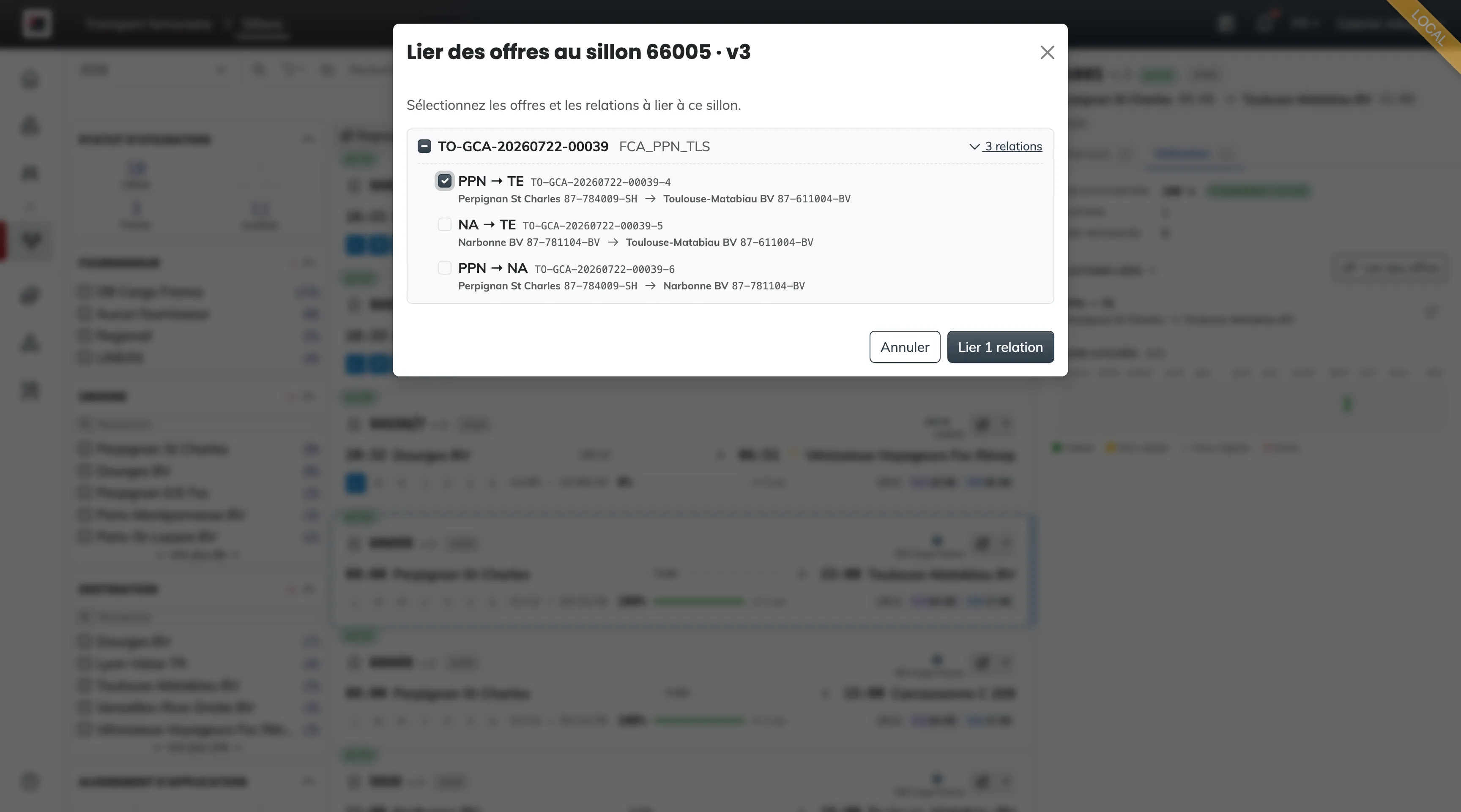 The Link offers to the train path modal: the compatible relations grouped by offer, each group expandable with its select-all checkbox, and the Link N relations button