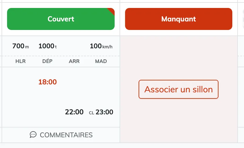 In an expanded relation, the column of a missing day replaced over its full height by the Assign a train path button