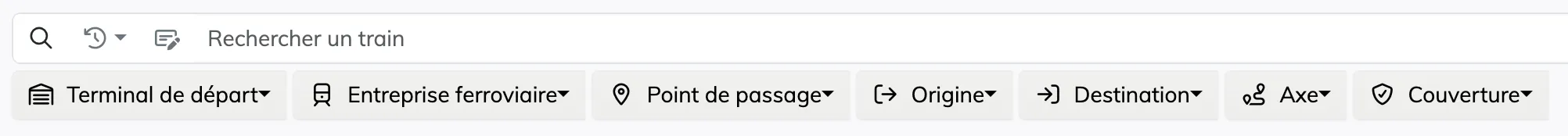 The search bar and the expanded filter bar: Departure terminal, Railway undertaking, Passing point, Origin, Destination, Axis and Coverage